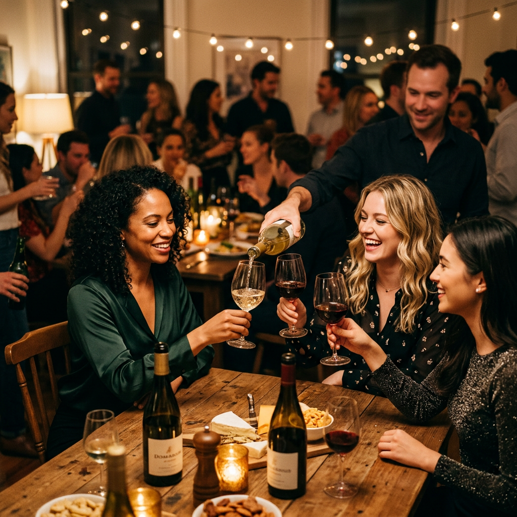 Friends sharing wine and conversation at a warmly lit dinner gathering