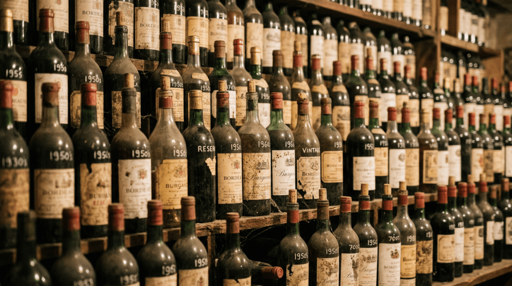 Rows of vintage wine bottles arranged on wooden cellar shelves