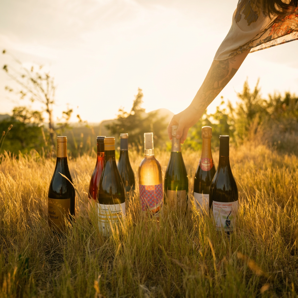 Wine bottles in a grassy field